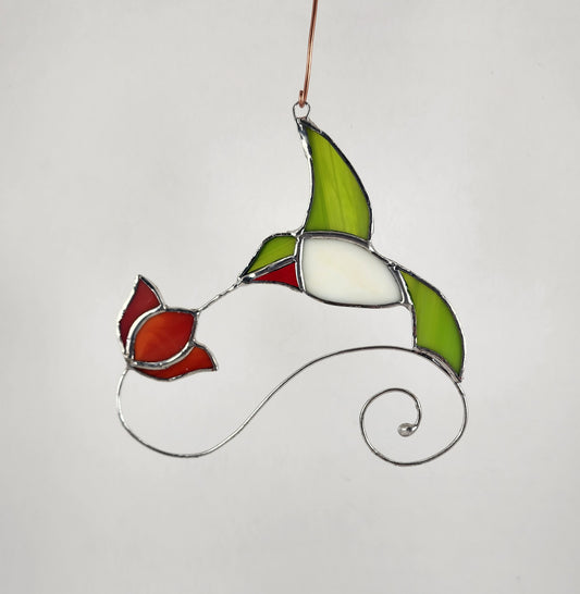 Hanging Hummingbird with Rose Stained Glass